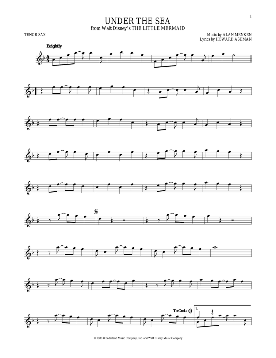 Under The Sea (from The Little Mermaid) Tenor Saxophone scores gallery preview page 1