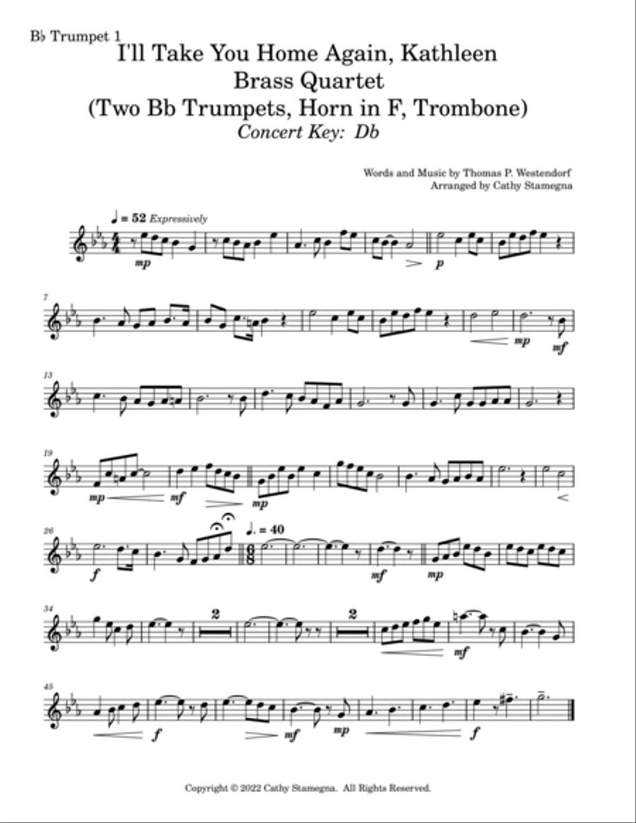 I’ll Take You Home Again, Kathleen (Brass Quartet: Two Bb Trumpets, Horn in F, Trombone) Brass Quartet scores gallery preview page 6