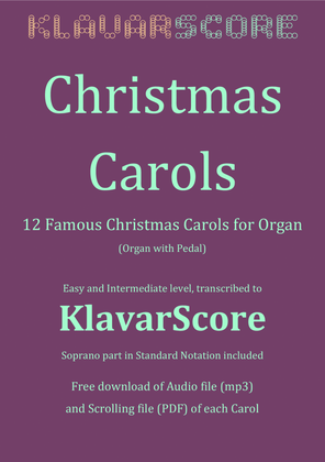 Book cover for Twelve Christmas Carols for Organ in the easy to read KlavarScore music notation.