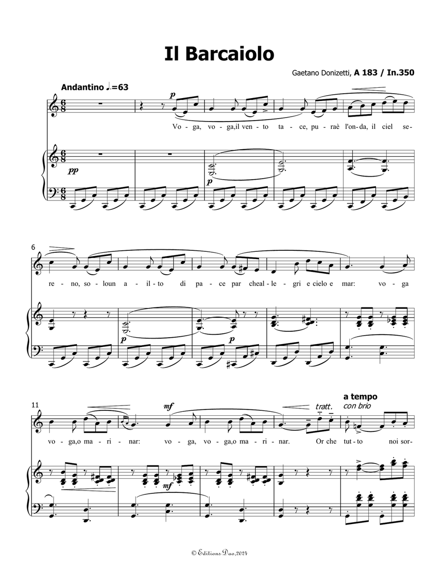 Il Barcaiolo, by Donizetti, in C Major Piano, Vocal scores gallery preview page 3