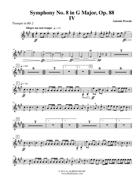 Dvorak Symphony No. 8, Movement IV - Trumpet in Bb 2 (Transposed Part), Op. 88