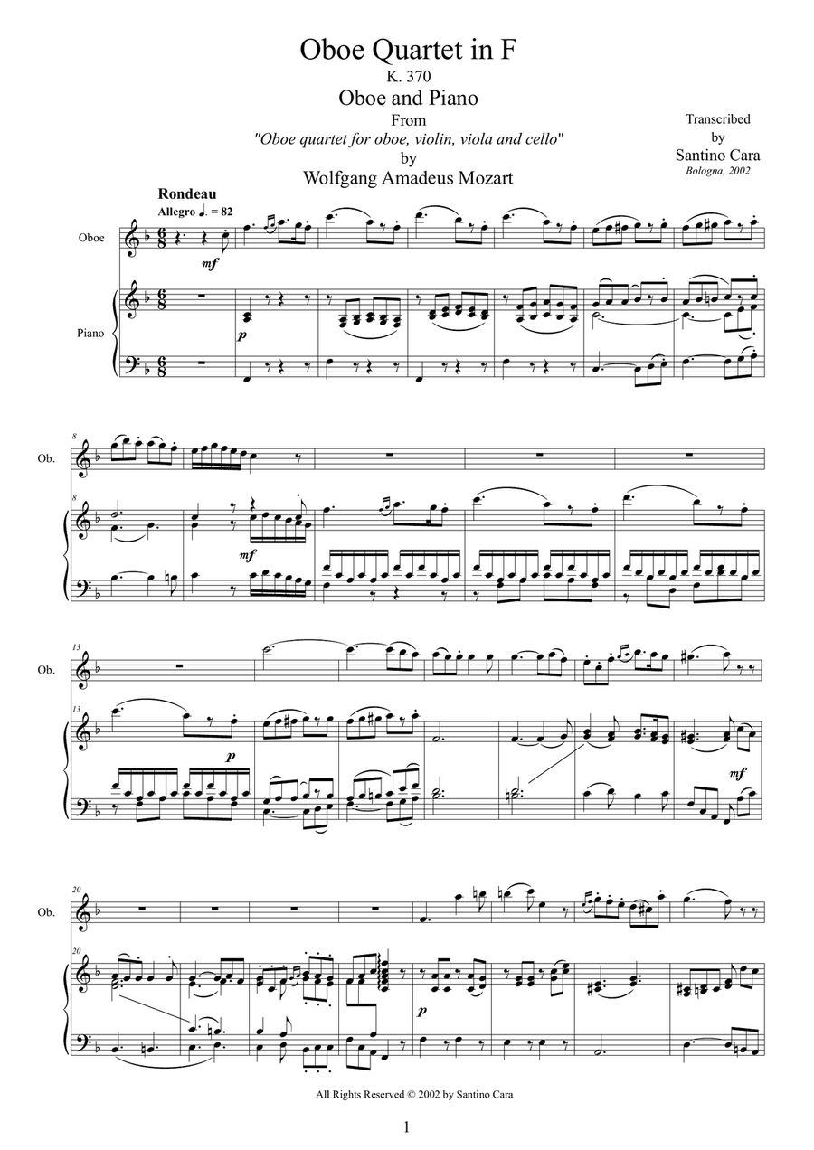 Mozart - Oboe quartet in F major K370 - 3 Rondeau - Oboe and Piano Piano Accompaniment scores gallery preview page 1