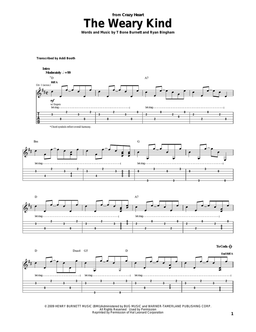 The Weary Kind (Theme From Crazy Heart) Acoustic Guitar scores gallery preview page 1