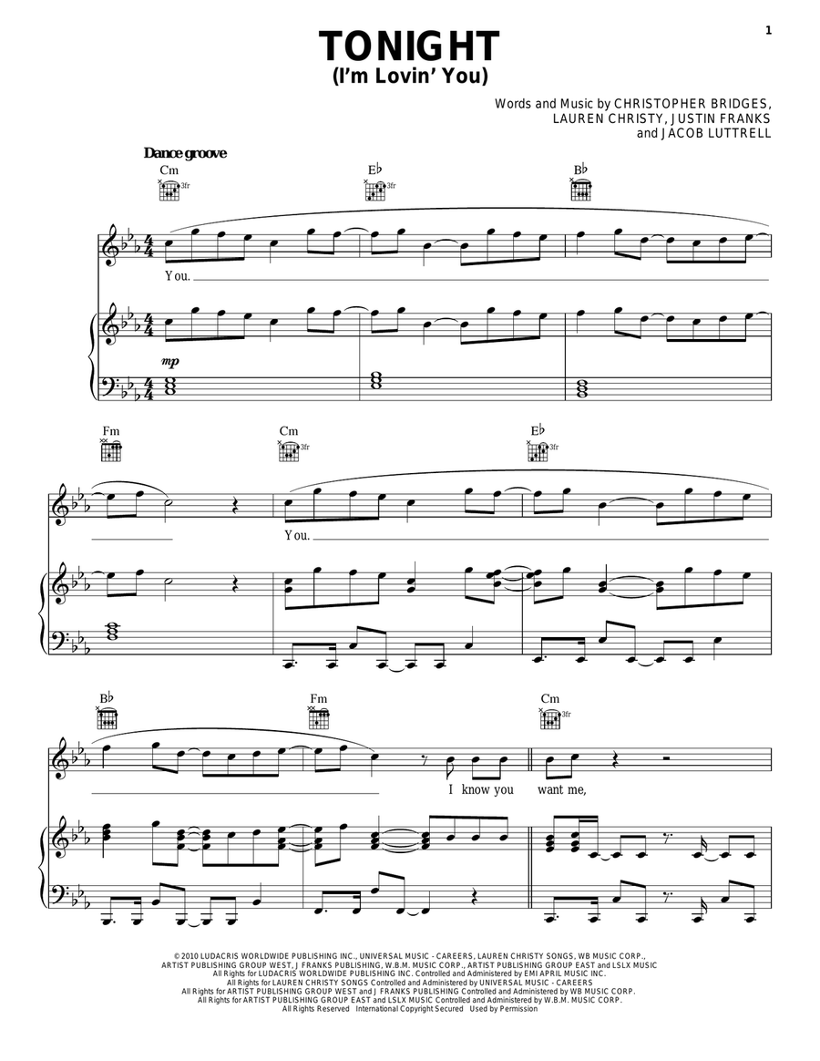 Tonight (I'm Lovin' You) Piano, Vocal, Guitar scores gallery preview page 1