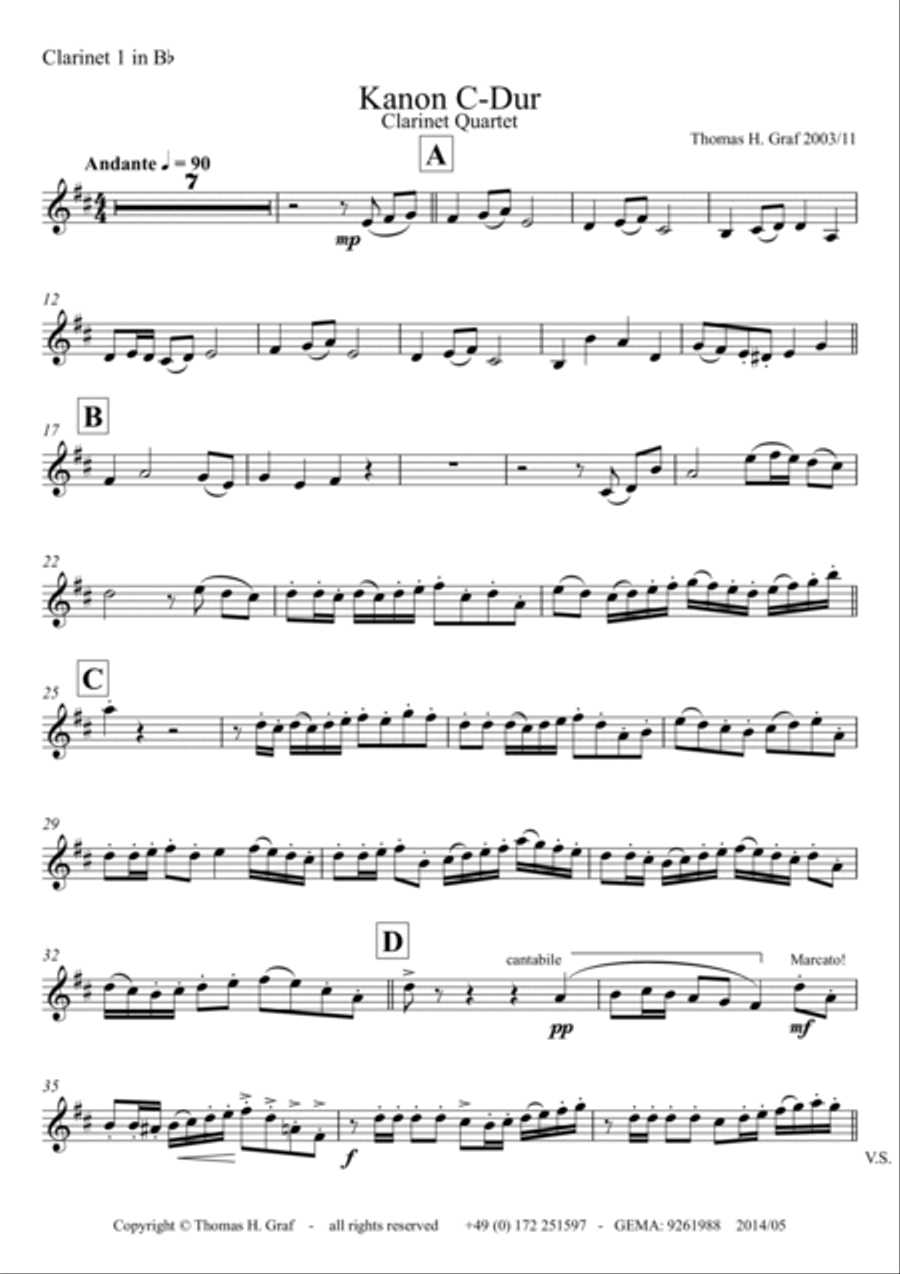 Canon C-Major, Kanon C-Dur, Clarinet Quartet Clarinet Quartet scores gallery preview page 4
