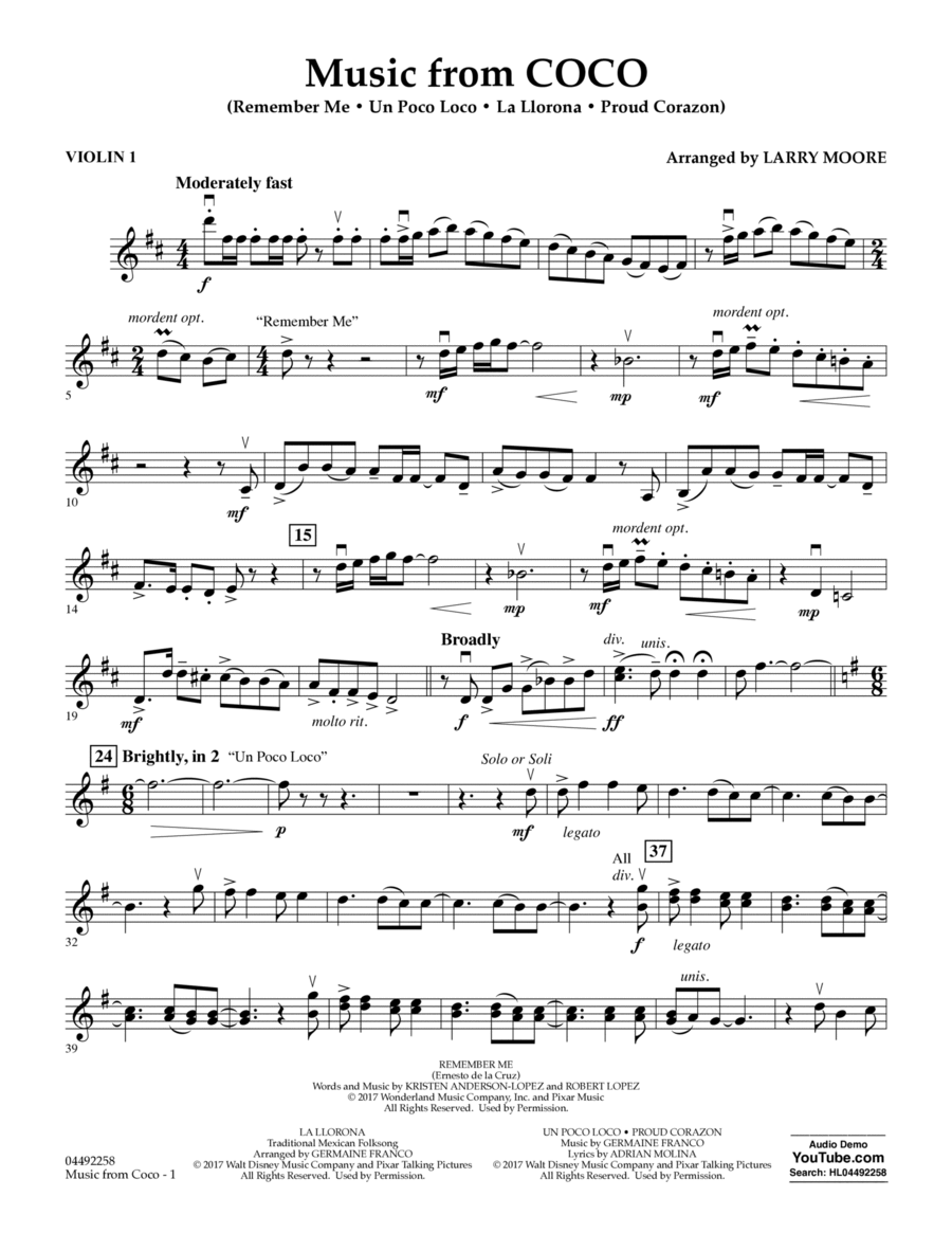 Music from Coco - Violin 1 Violin scores gallery preview page 1