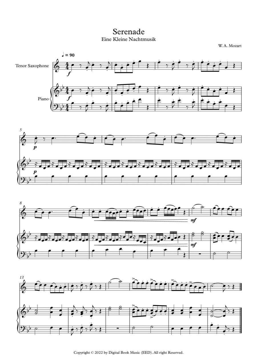 Serenade (Eine Kleine Nachtmusik) - Wolfgang Amadeus Mozart (Tenor Sax + Piano) Tenor Saxophone scores gallery preview page 1