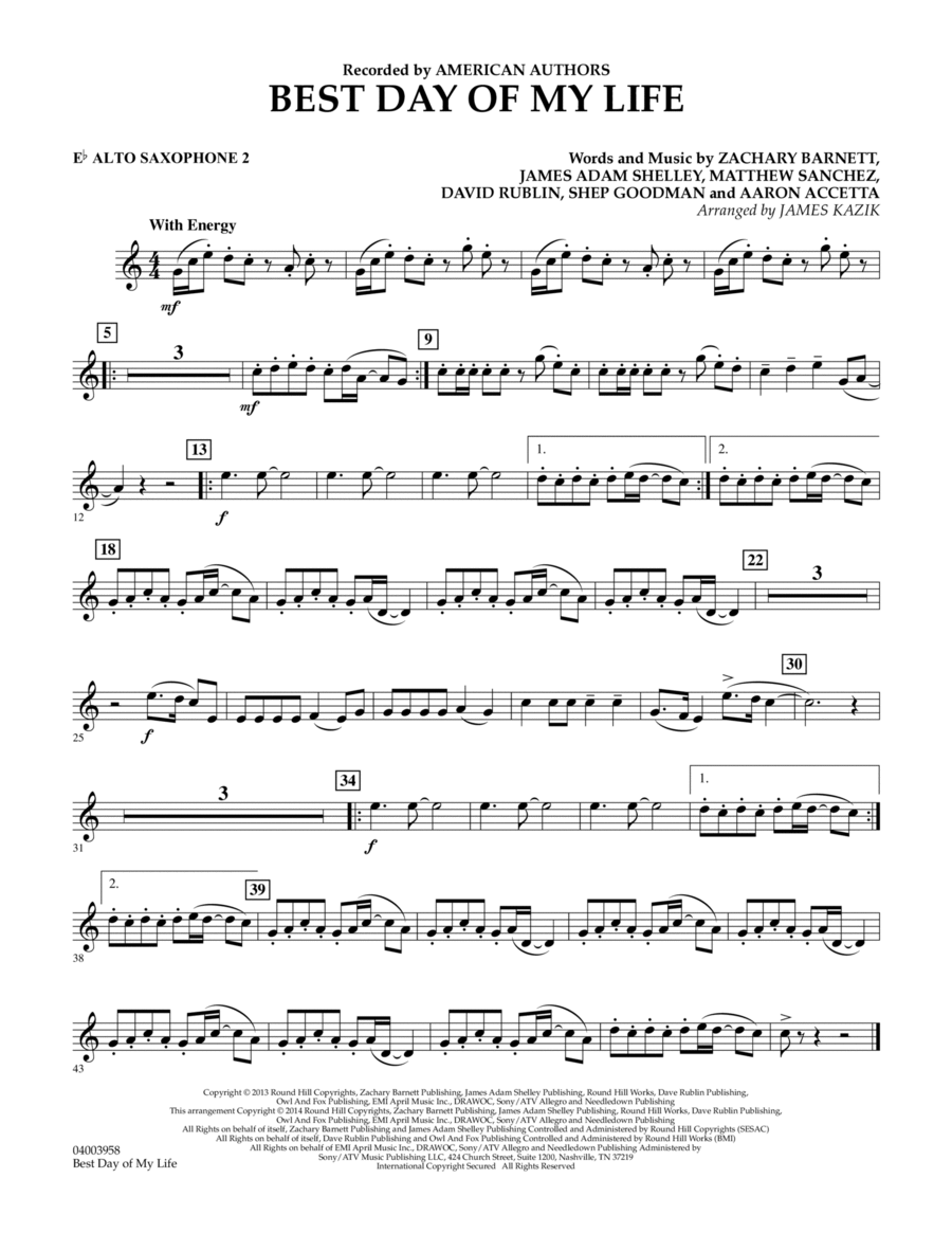 Best Day of My Life - Eb Alto Saxophone 2 Concert Band scores gallery preview page 1
