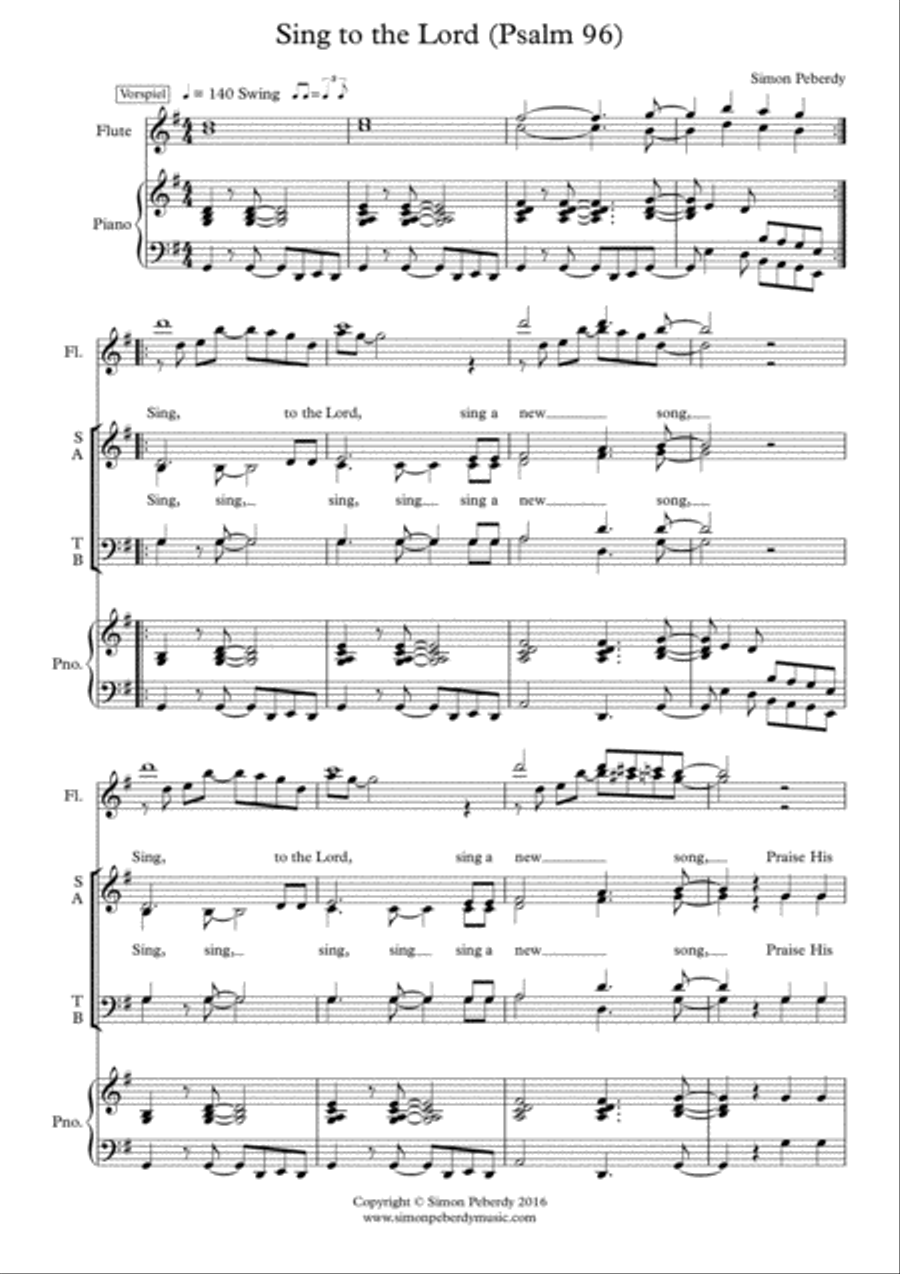 Sing to the Lord a New Song Psalm 96 (for SATB rhythmical choir, piano, optional 2 flutes) 4-Part scores gallery preview page 1