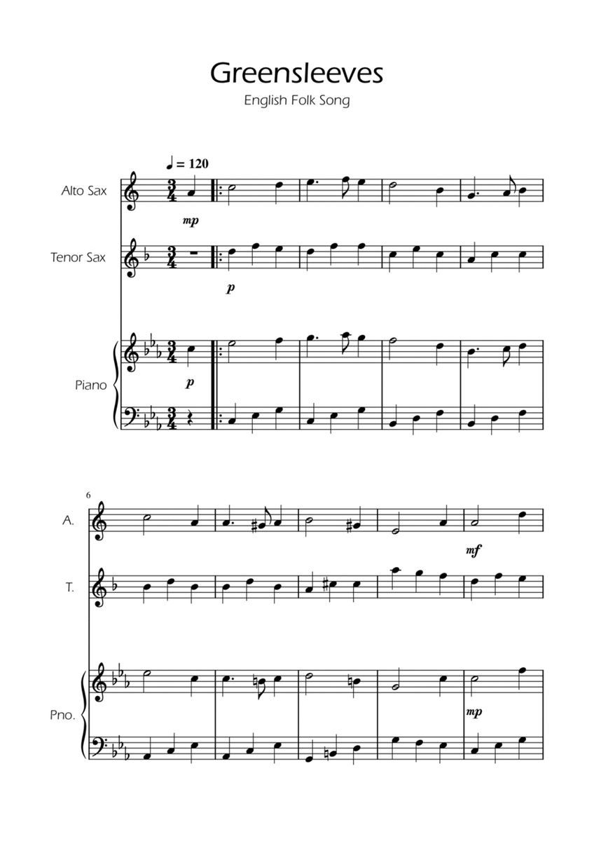 Greensleeves - Alto Sax and Tenor Sax Duet w/ Piano image number null