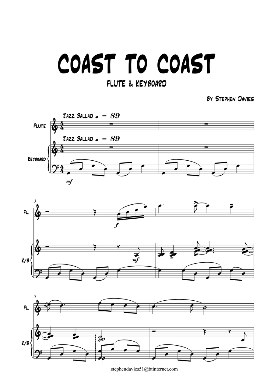 'Coast To Coast' By Stephen Davies, for Flute / Keyboard Woodwind Duet scores gallery preview page 1