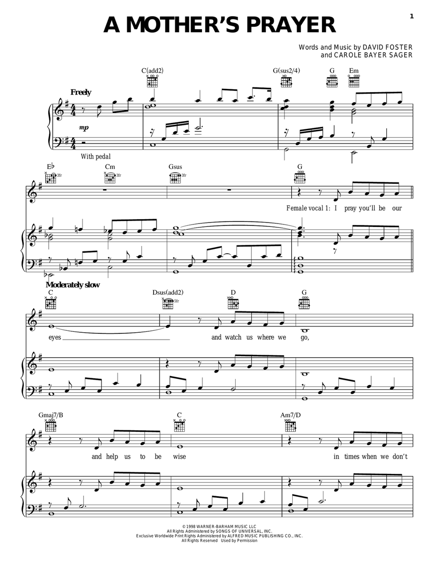 A Mother's Prayer A Mother's Prayer Piano, Vocal, Guitar scores gallery preview page 1