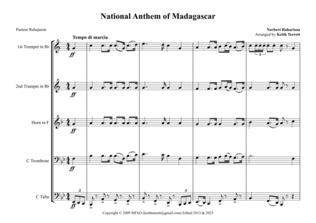 Malagasy (Madagascar) National Anthem for Brass Quintet image number null