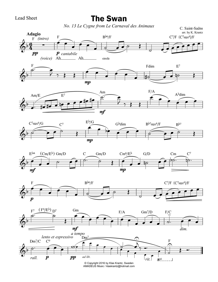 The Swan / Le cygne (F Major) lead sheet Piano scores gallery preview page 1