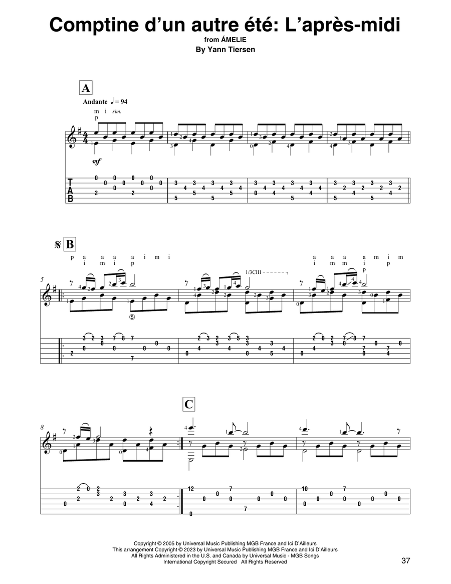 Comptine d'un autre été: L'après-midi (from Amelie) (arr. David Jaggs) Acoustic Guitar scores gallery preview page 1