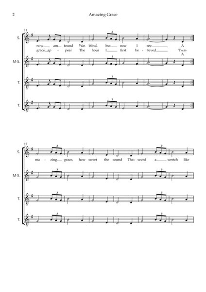 Amazing Grace (for Choral - SSTT with Easy Piano) image number null
