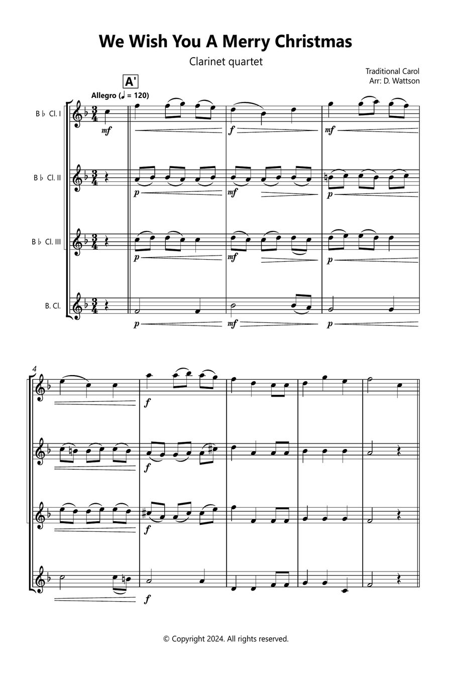 We Wish You A Merry Christmas Clarinet Quartet scores gallery preview page 1