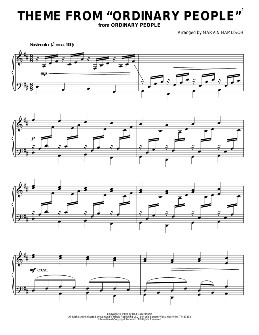 Theme from Ordinary People Piano Solo scores gallery preview page 1