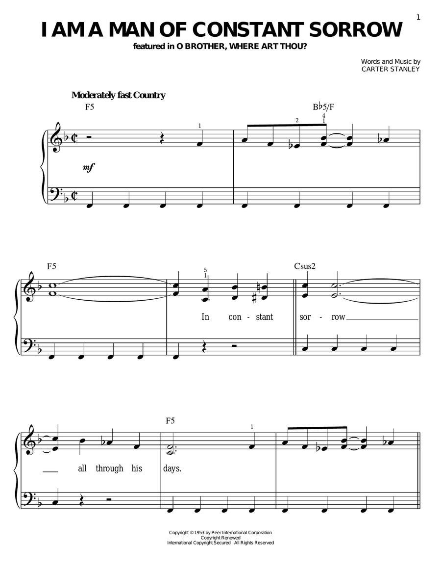 I Am A Man Of Constant Sorrow Easy Piano scores gallery preview page 1