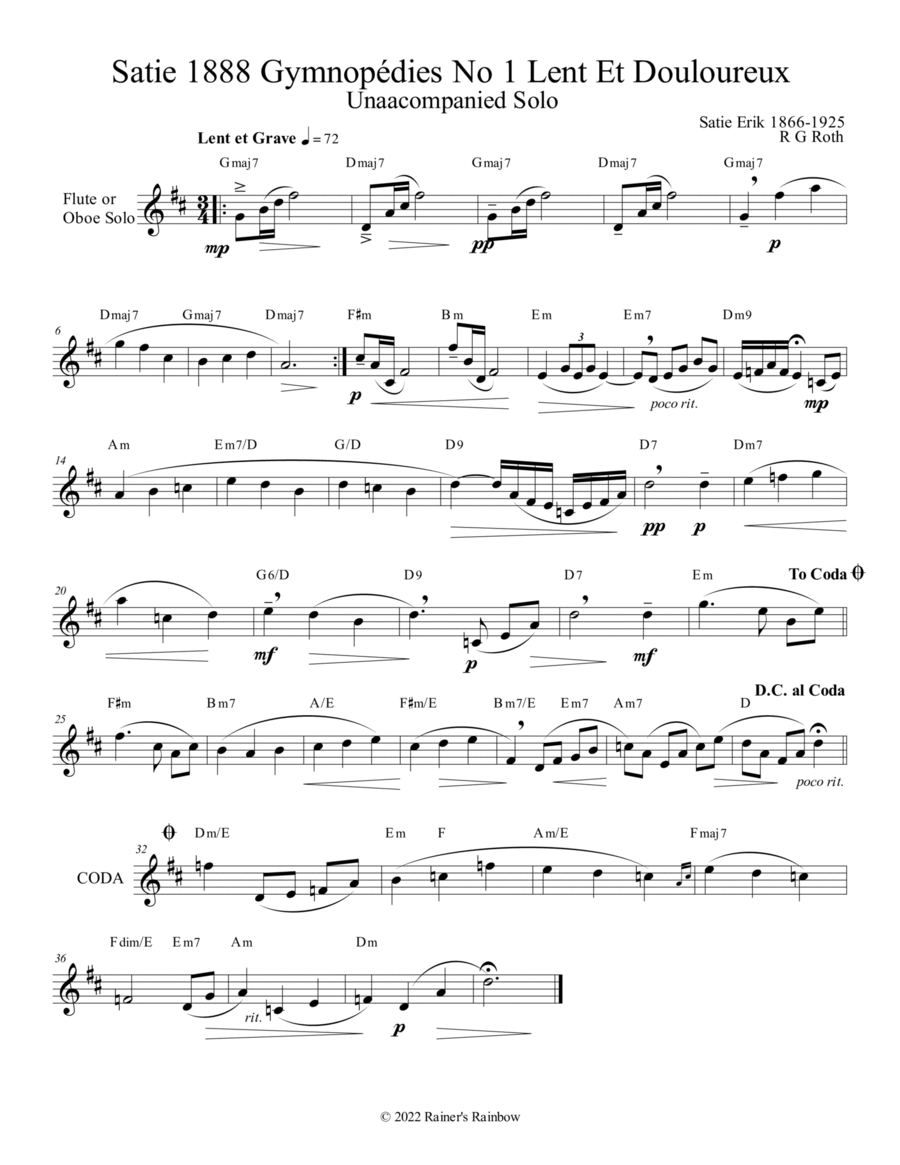 Satie Gymnopédies No 1 Lent Flute or Oboe Solo