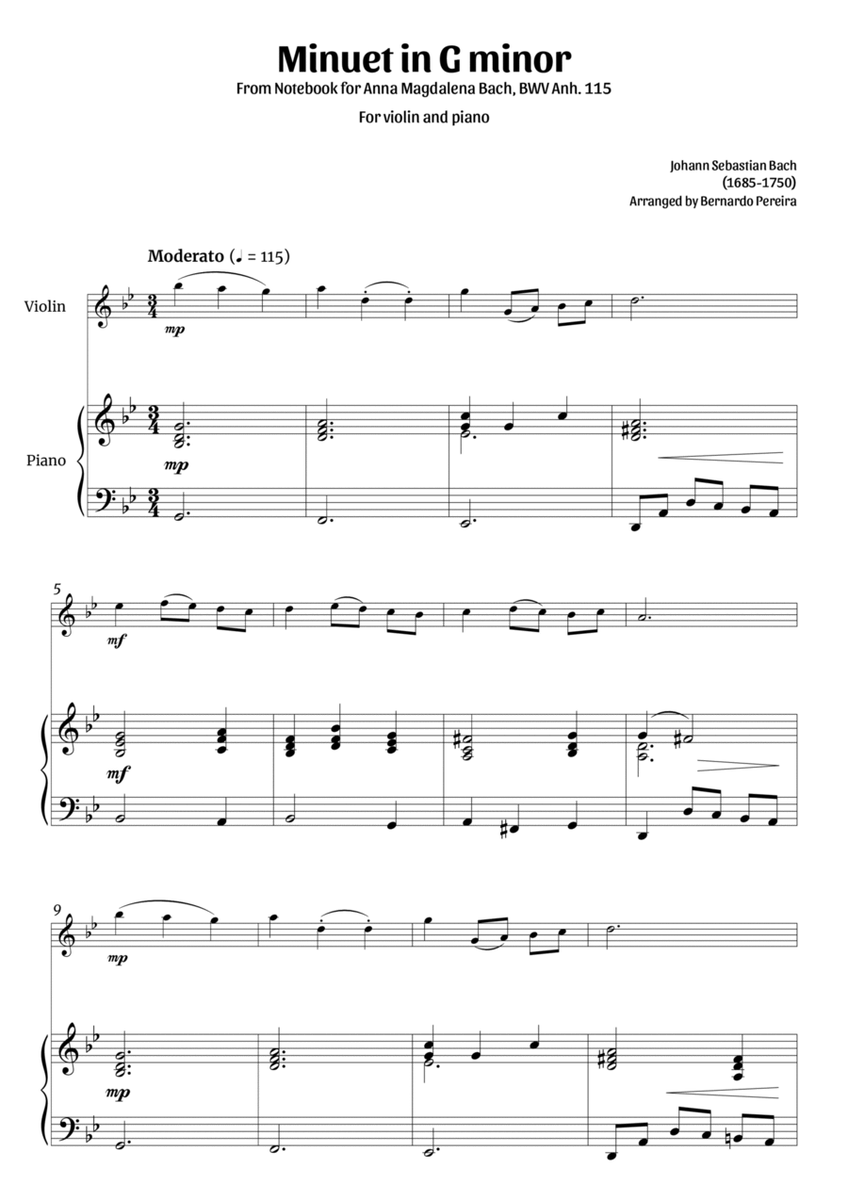 Minuet in G minor (violin and piano – clean sheet music) image number null