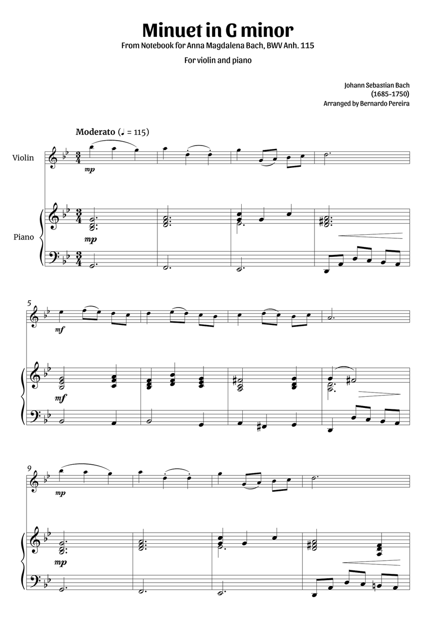 Minuet in G minor (violin and piano – clean sheet music) Violin Solo scores gallery preview page 1