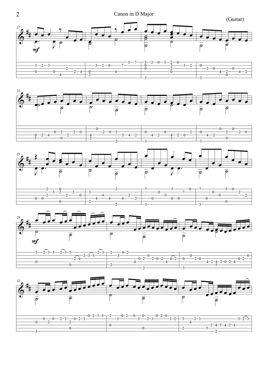 Pachelbel's Canon in D - Solo Guitar Sheet Music and Tab Classical Guitar scores gallery preview page 2