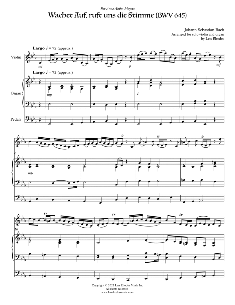 Bach - Wachet Auf, arranged for violin solo and organ String Duet scores gallery preview page 1