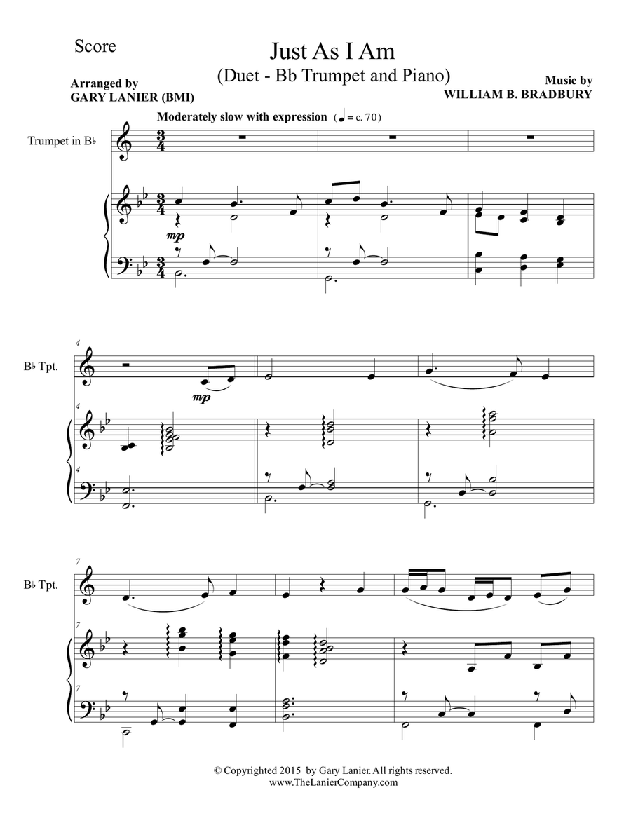Gary Lanier: JUST AS I AM (Duet – Bb Trumpet & Piano with Parts) Trumpet Duet scores gallery preview page 2
