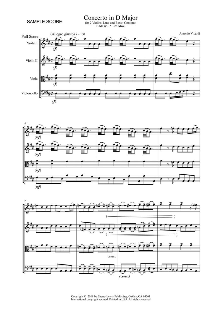 CONCERTO IN D MAJOR FOR 2 VIOLINS, LUTE AND BASSO CONTINUO, F.XII NO.15, 3rd Mov. STRING QUARTET String Quartet scores gallery preview page 1