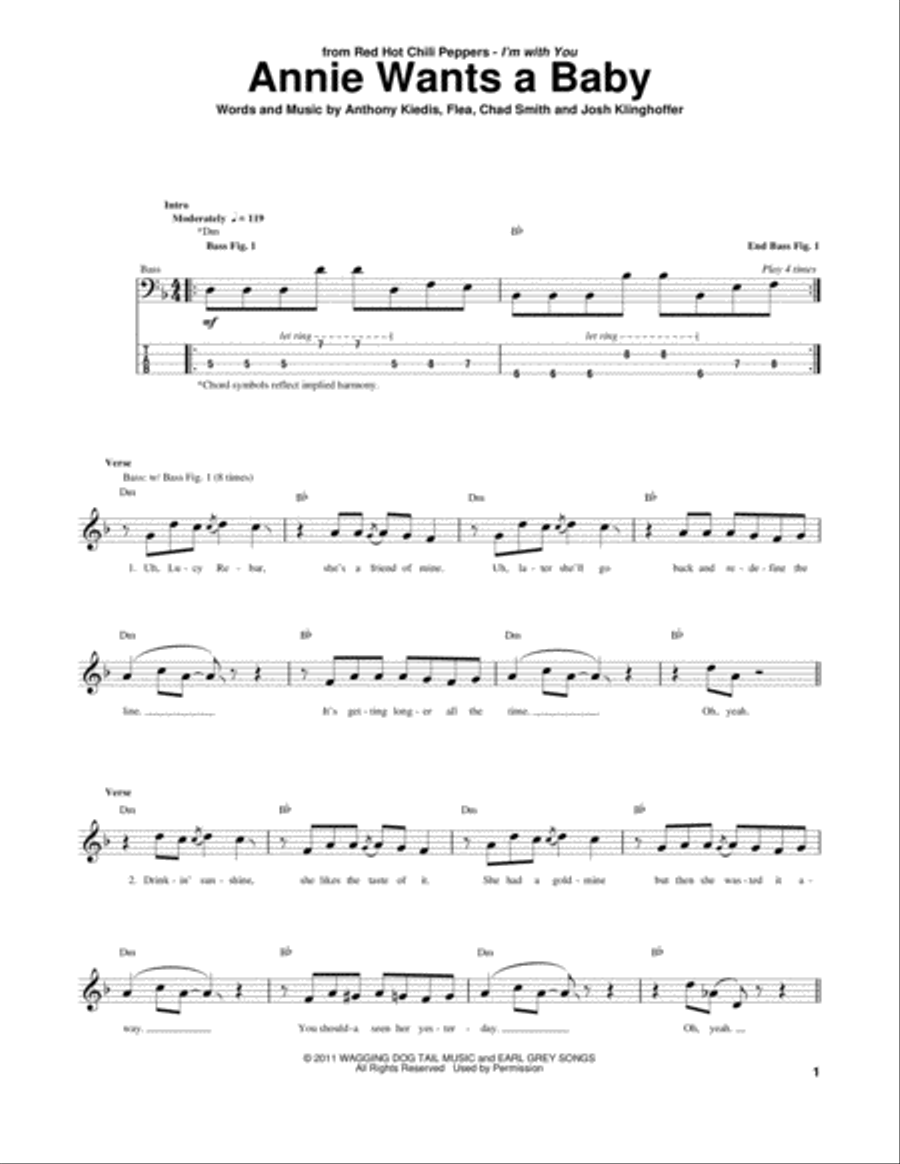 Annie Wants A Baby Annie Wants A Baby Bass Guitar Tablature scores gallery preview page 1