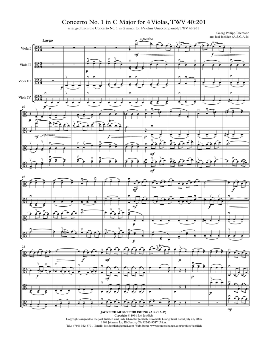 Concerto No. 1 in C Major for Four Violas Unaccompanied, TWV40:201 String Quartet scores gallery preview page 1