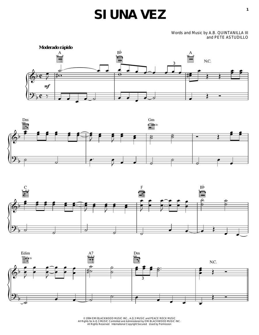 Si Una Vez Piano, Vocal, Guitar scores gallery preview page 1