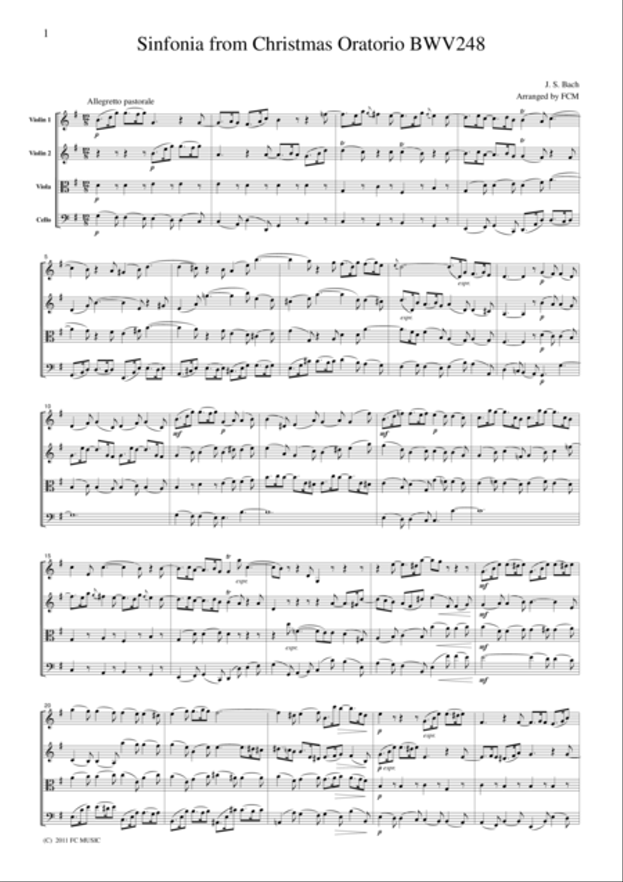 J.S.Bach Sinfonia from Christmas Oratorio BWV248, for string quartet, CB223 String Quartet scores gallery preview page 1