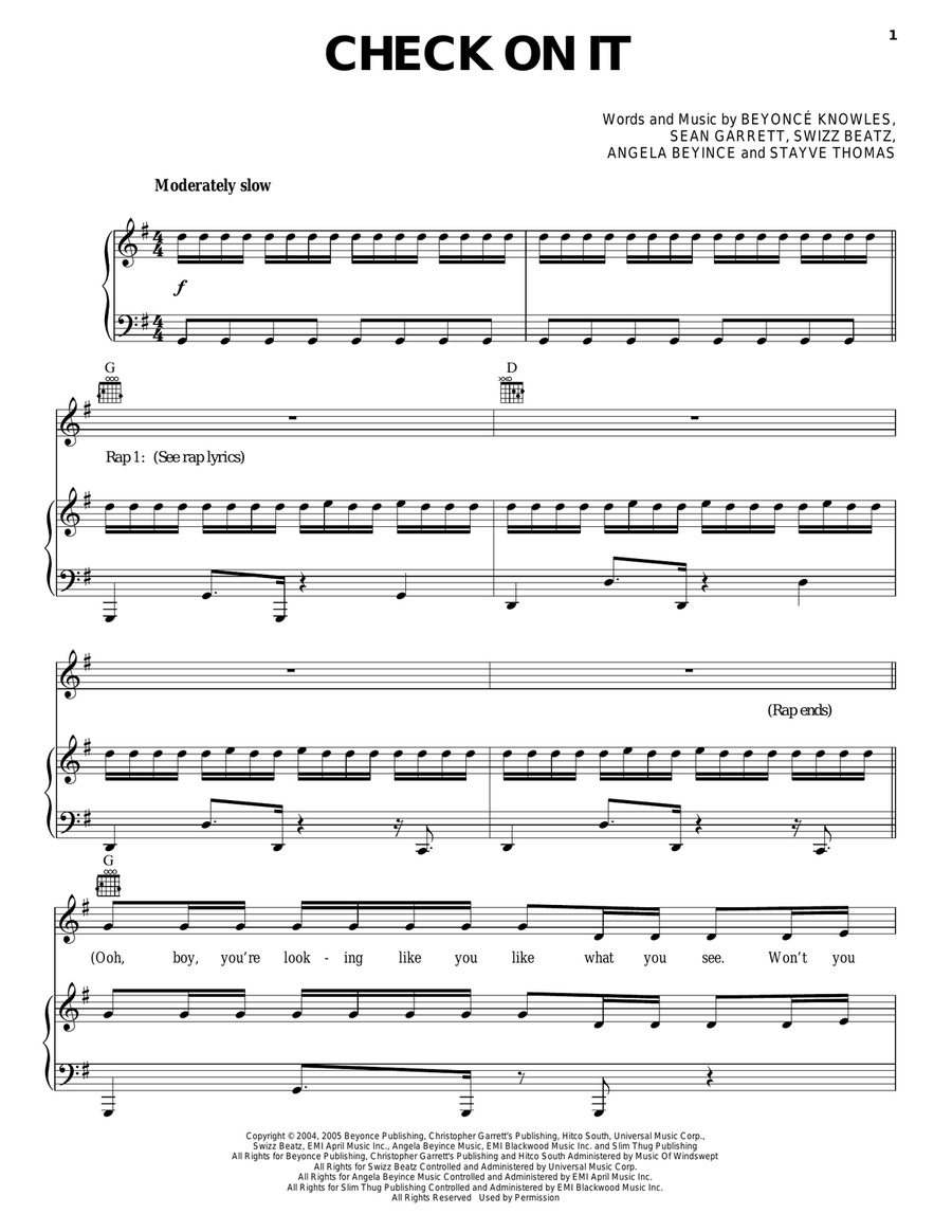 Check On It Piano, Vocal, Guitar scores gallery preview page 1