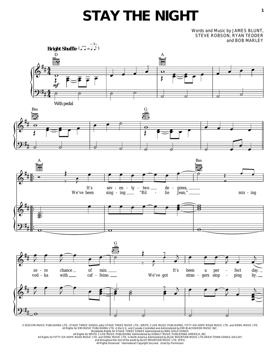 Stay The Night Piano, Vocal, Guitar scores gallery preview page 1