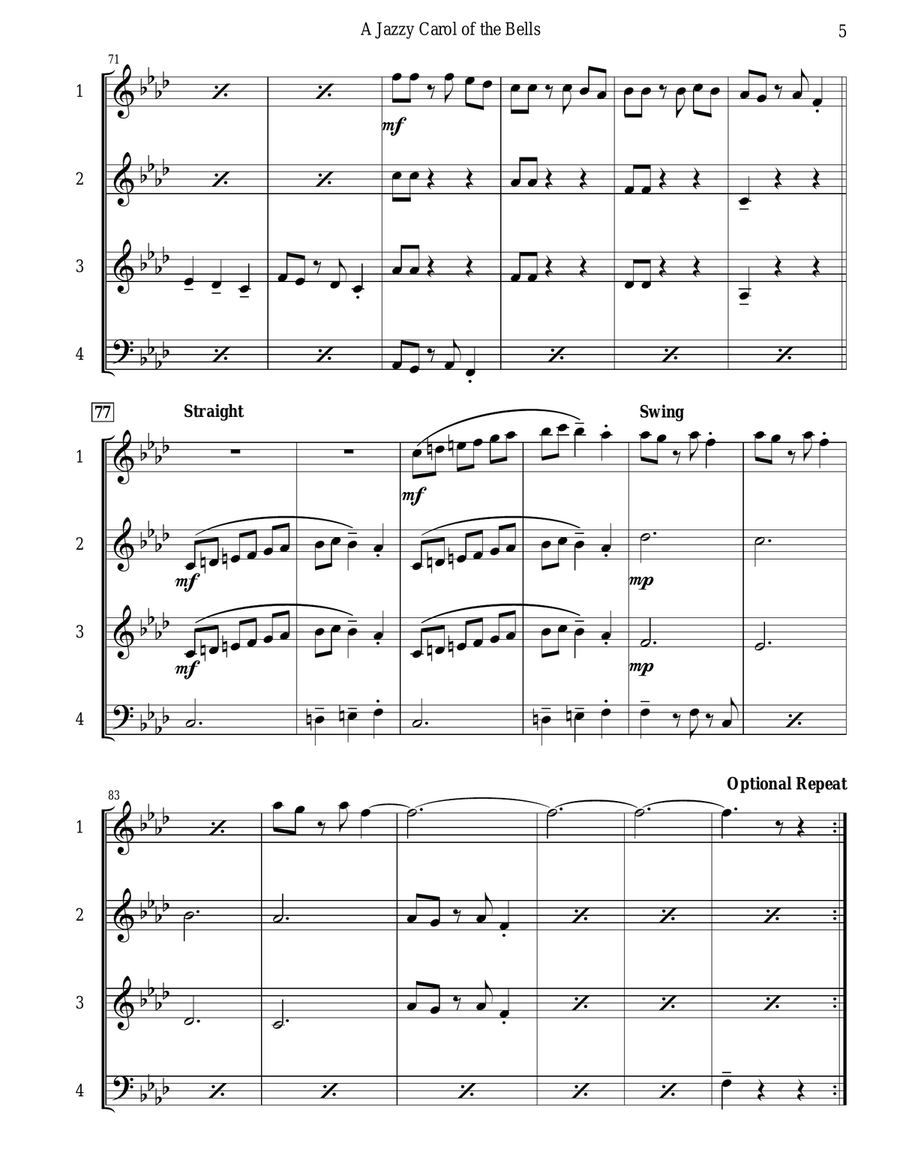 Carol of the Bells (Jazz Waltz for Quartet or Trio) Small Ensemble scores gallery preview page 6