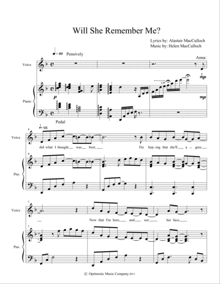 Will She Remember Me Will She Remember Me Piano scores gallery preview page 1