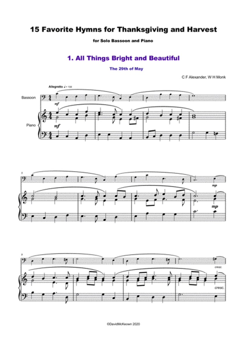 15 Favourite Hymns for Thanksgiving and Harvest for Bassoon and Piano