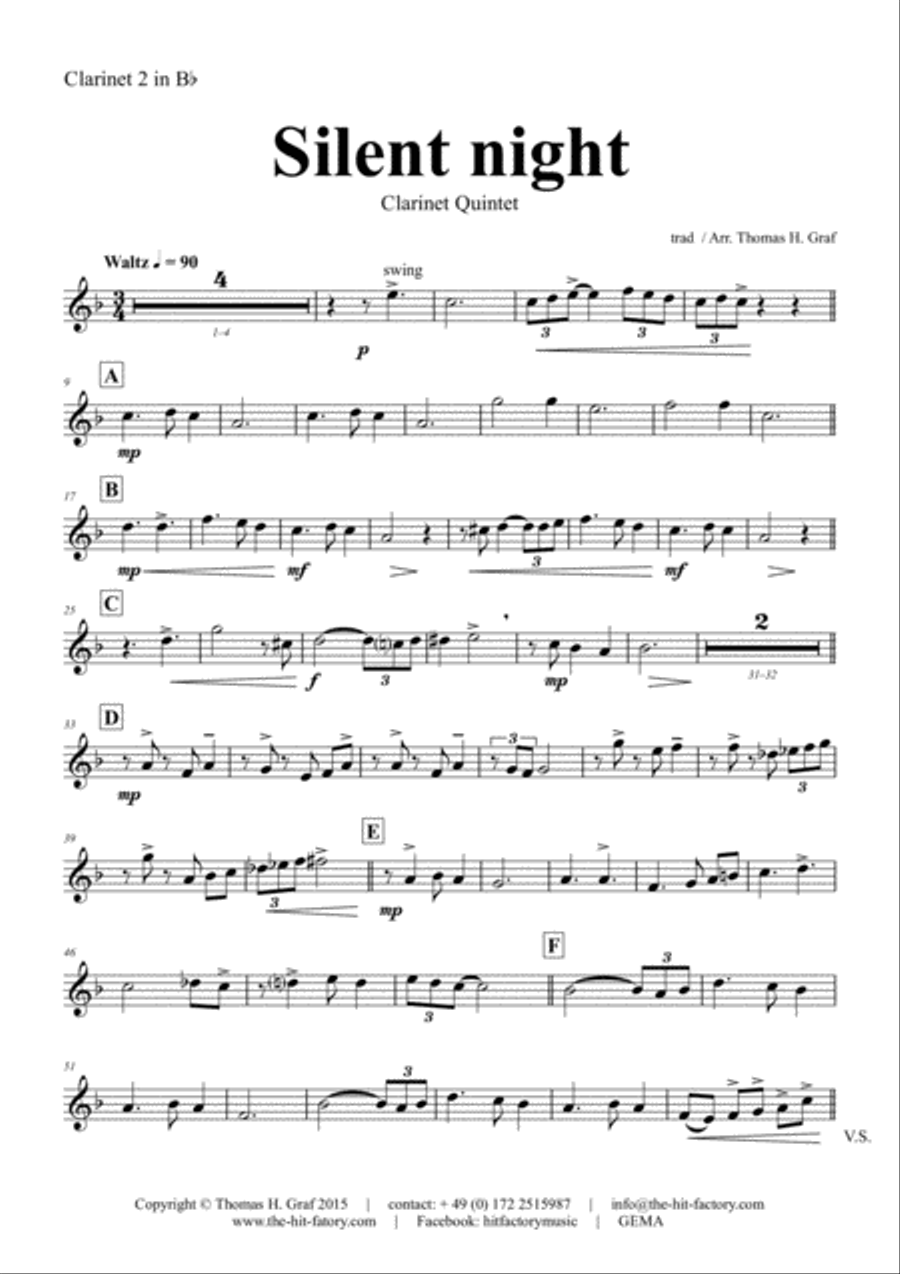 Silent Night - Stille Nacht - Jazz Waltz - Clarinet Quintet Clarinet Quintet scores gallery preview page 6