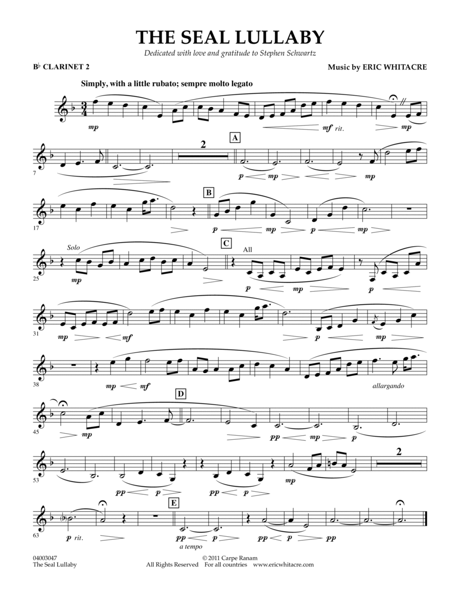 The Seal Lullaby - Bb Clarinet 2 Concert Band scores gallery preview page 1