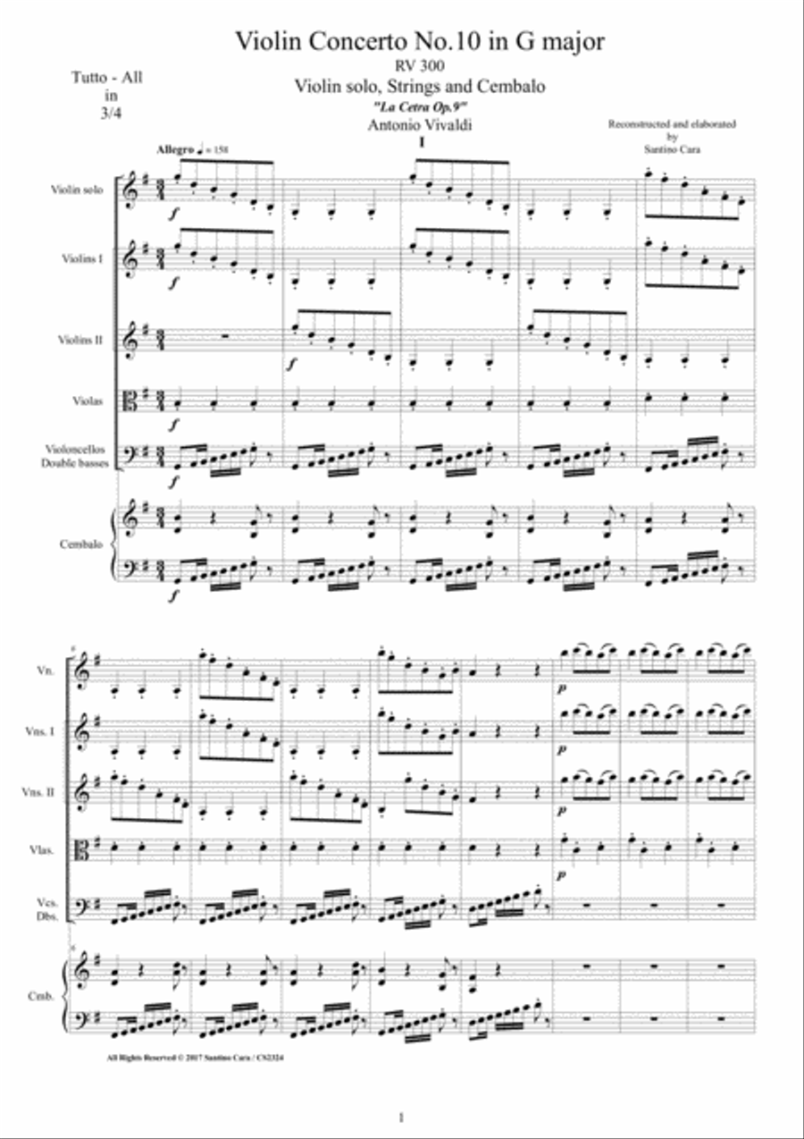 Vivaldi - Violin Concerto No.10 in G major RV 300 Op.9 for Violin, Strings and Cembalo Chamber Orchestra scores gallery preview page 1