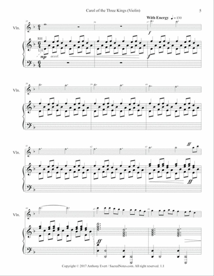 Carol of the Three Kings-Violin & Piano (We Three Kings with Carol of the Bells) Violin Solo scores gallery preview page 5