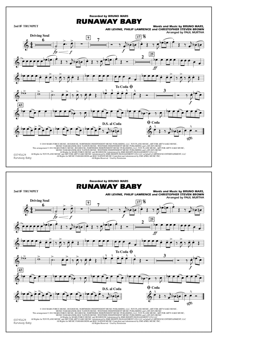 Runaway Baby - 2nd Bb Trumpet Marching Band scores gallery preview page 1