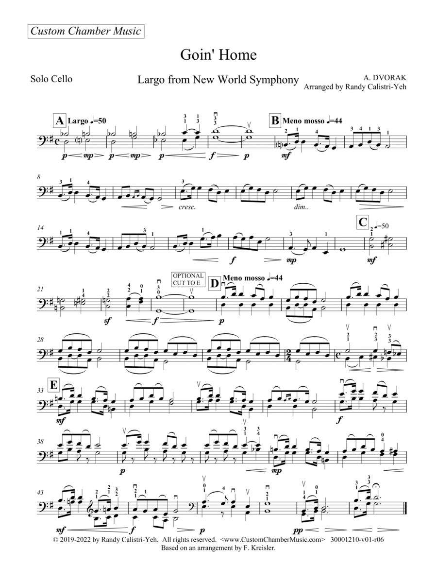 Book cover for Dvorak Goin' Home (Largo from Symphony #9 "From the New World") (solo cello)