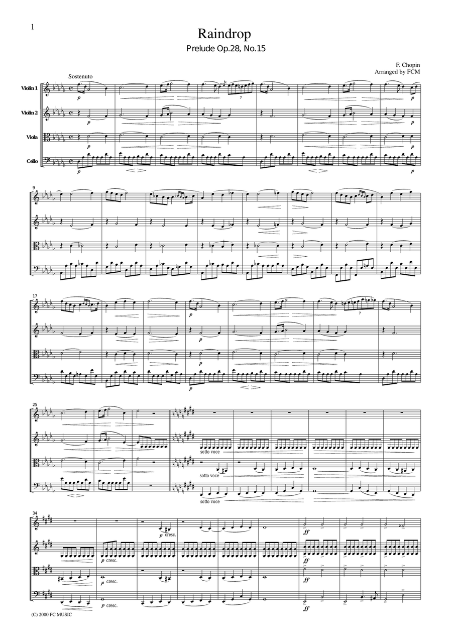 Chopin Raindrop (Prelude Op.28, No.15), for string quartet, CC003 String Quartet scores gallery preview page 1