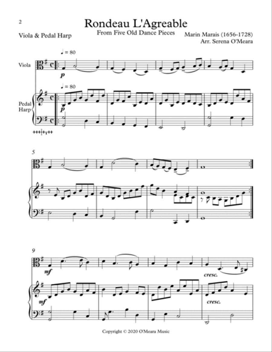 Rondeau L’Agreable, Duet for Viola & Pedal Harp String Duet scores gallery preview page 2