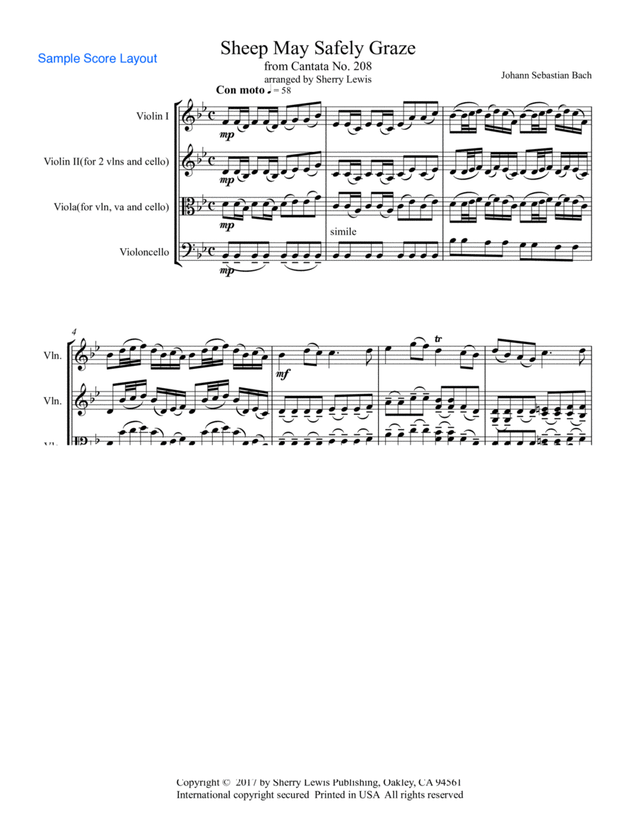 SHEEP MAY SAFELY GRAZE String Trio, Intermediate Level for 2 violins and cello or violin, viola and String Trio scores gallery preview page 1