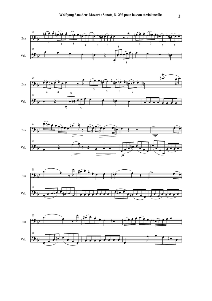 Wolfgang Amadeus Mozart: Sonata in Bb K. 292 for bassoon and cello Bassoon scores gallery preview page 3
