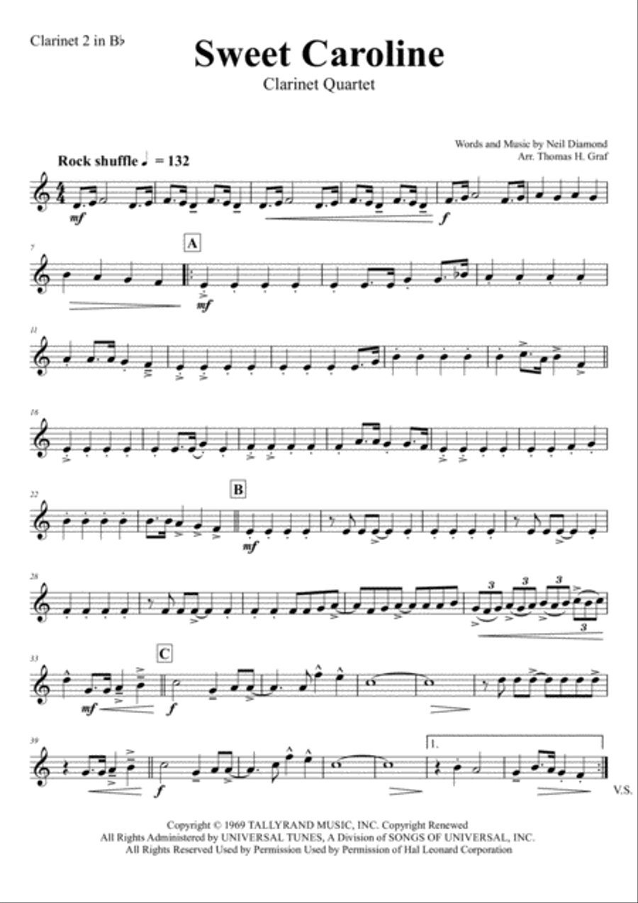 Sweet Caroline Clarinet Quartet scores gallery preview page 6